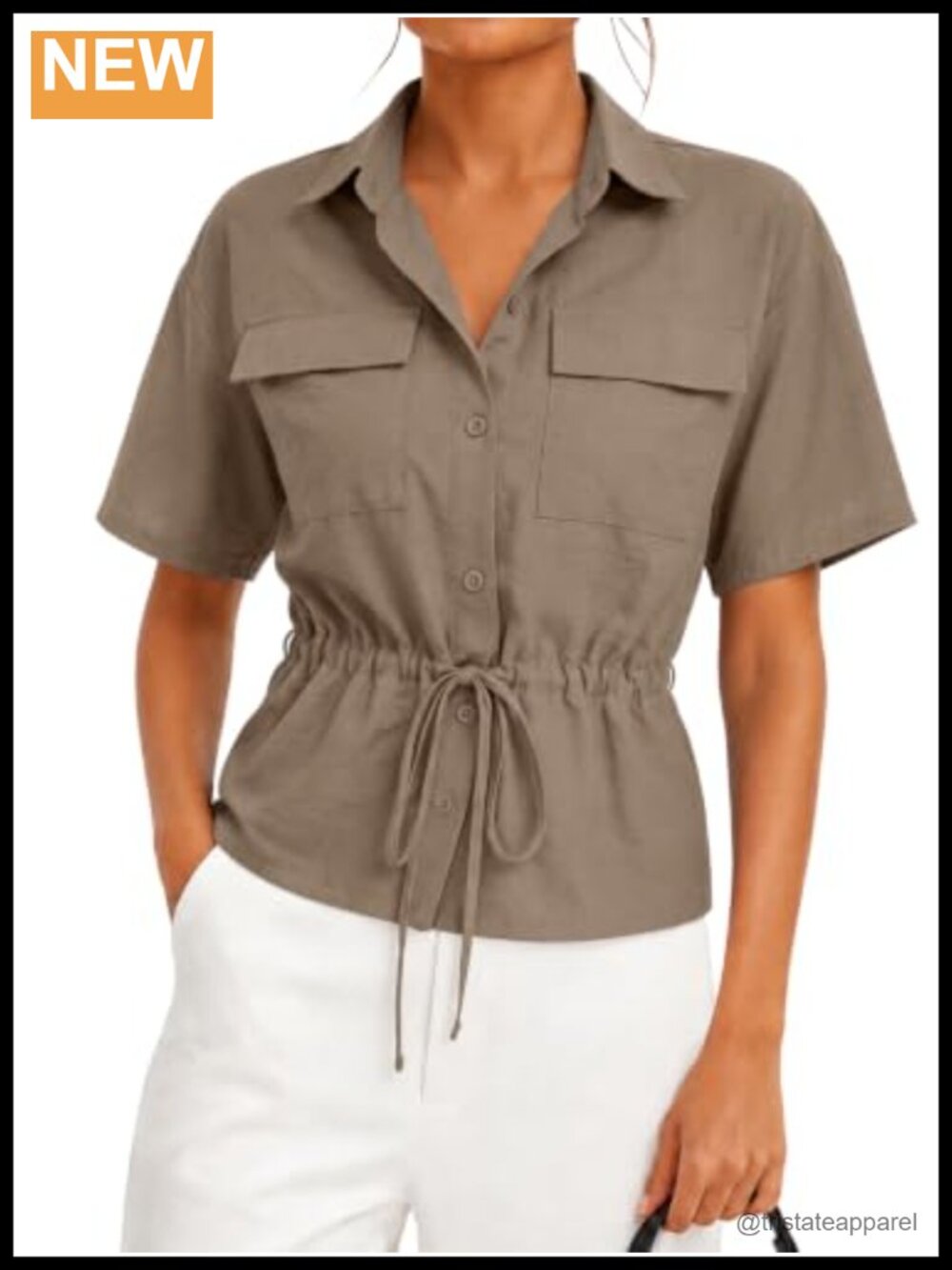 Women's Short Sleeve Peplum Blouse Collared Button Down Drawstring Waist